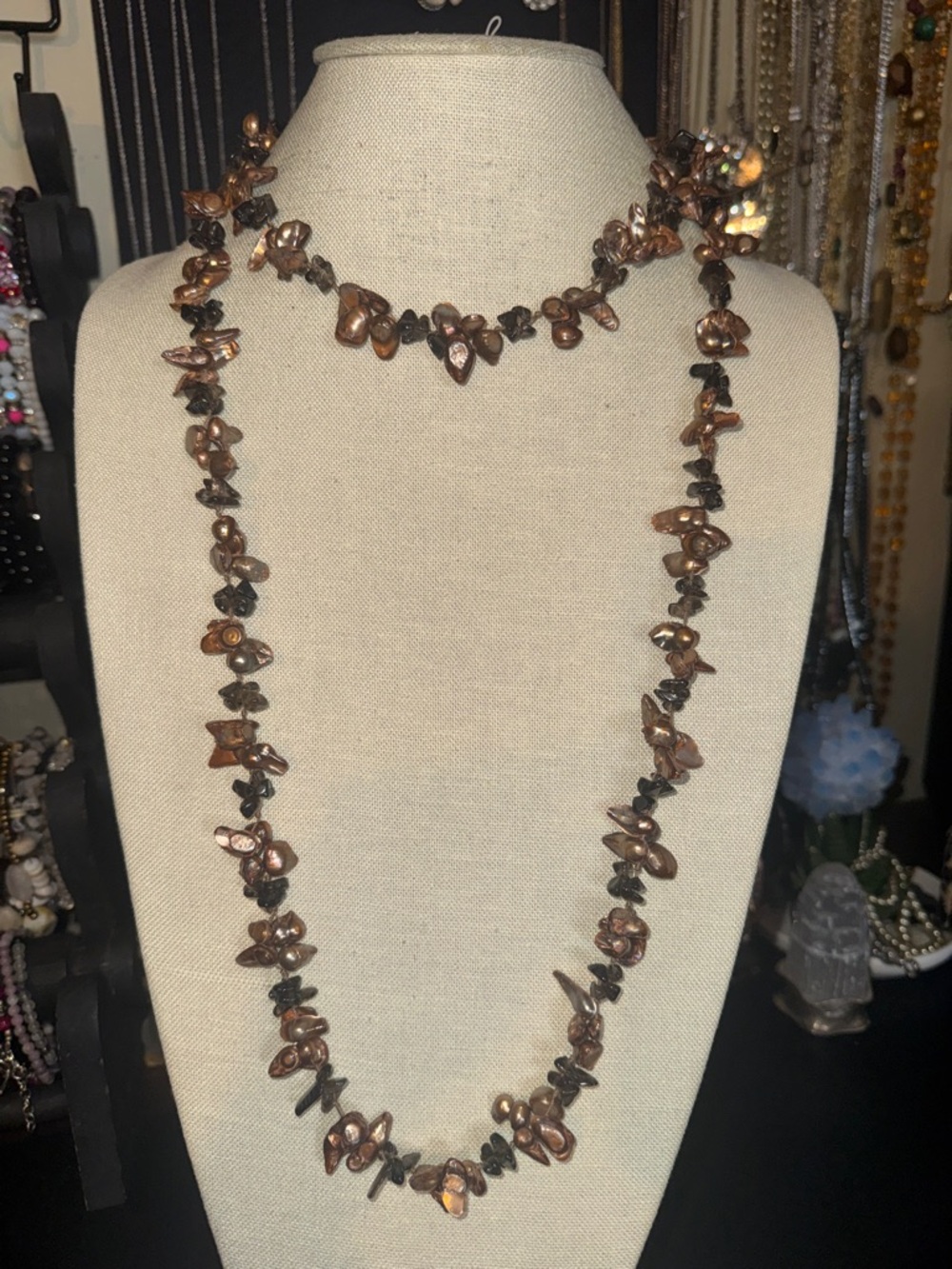Long Blister Pearl and Smokey Quartz Chip Necklace